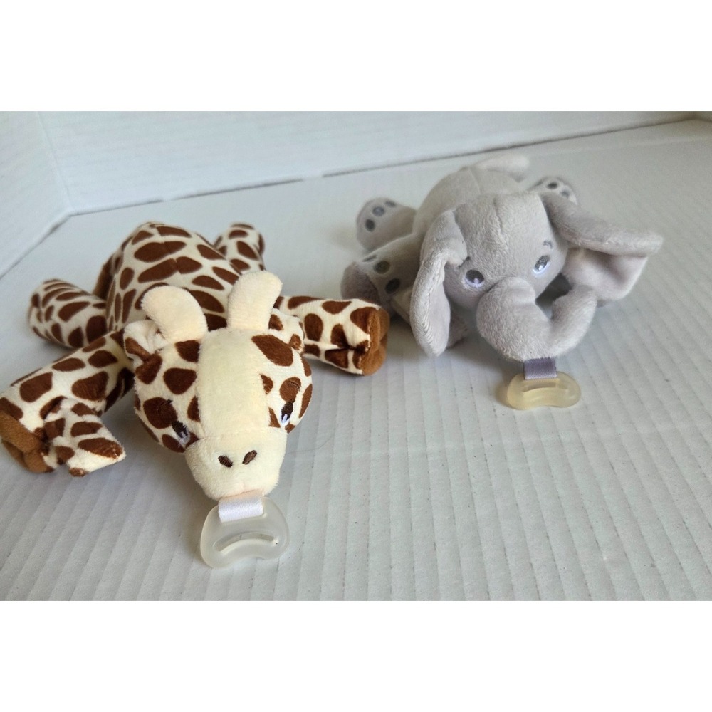 Philips Avent Lot‎ of 2 Pacifier Teether Holder Plush Elephant & Giraffe Baby